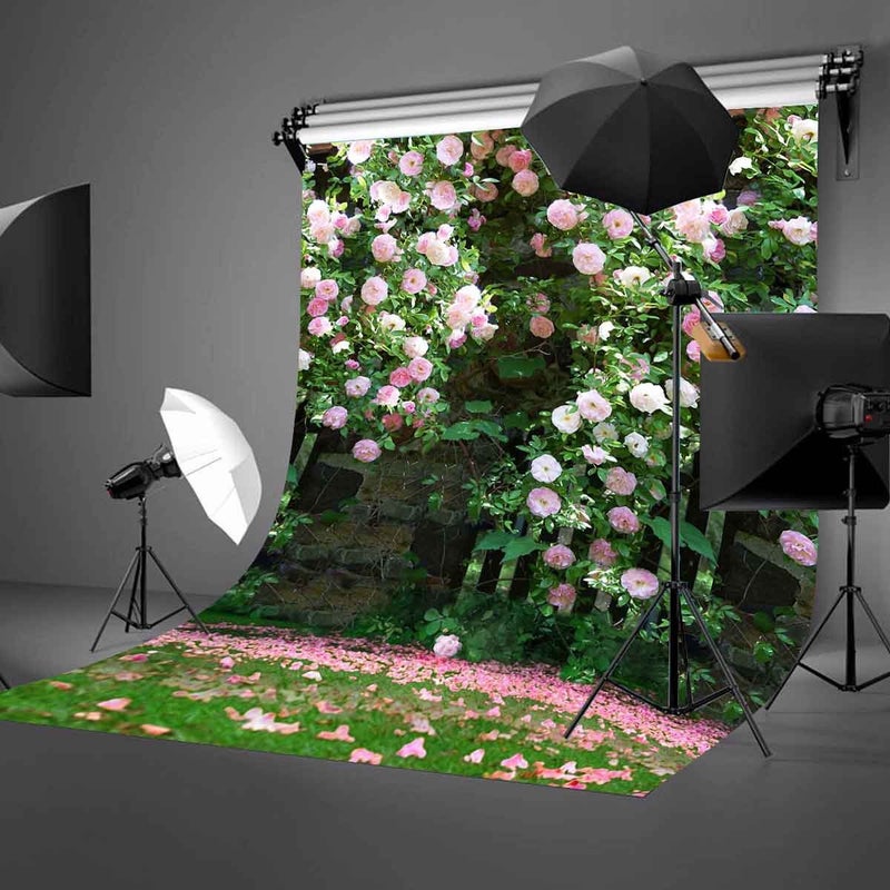 LYLYCTY 5x7ft Nature Scenery Backdrop Millennial Pink Flower Wall Green Leaves Photography Background A Vibrant Garden Backdrop LYLX008 - Image 2